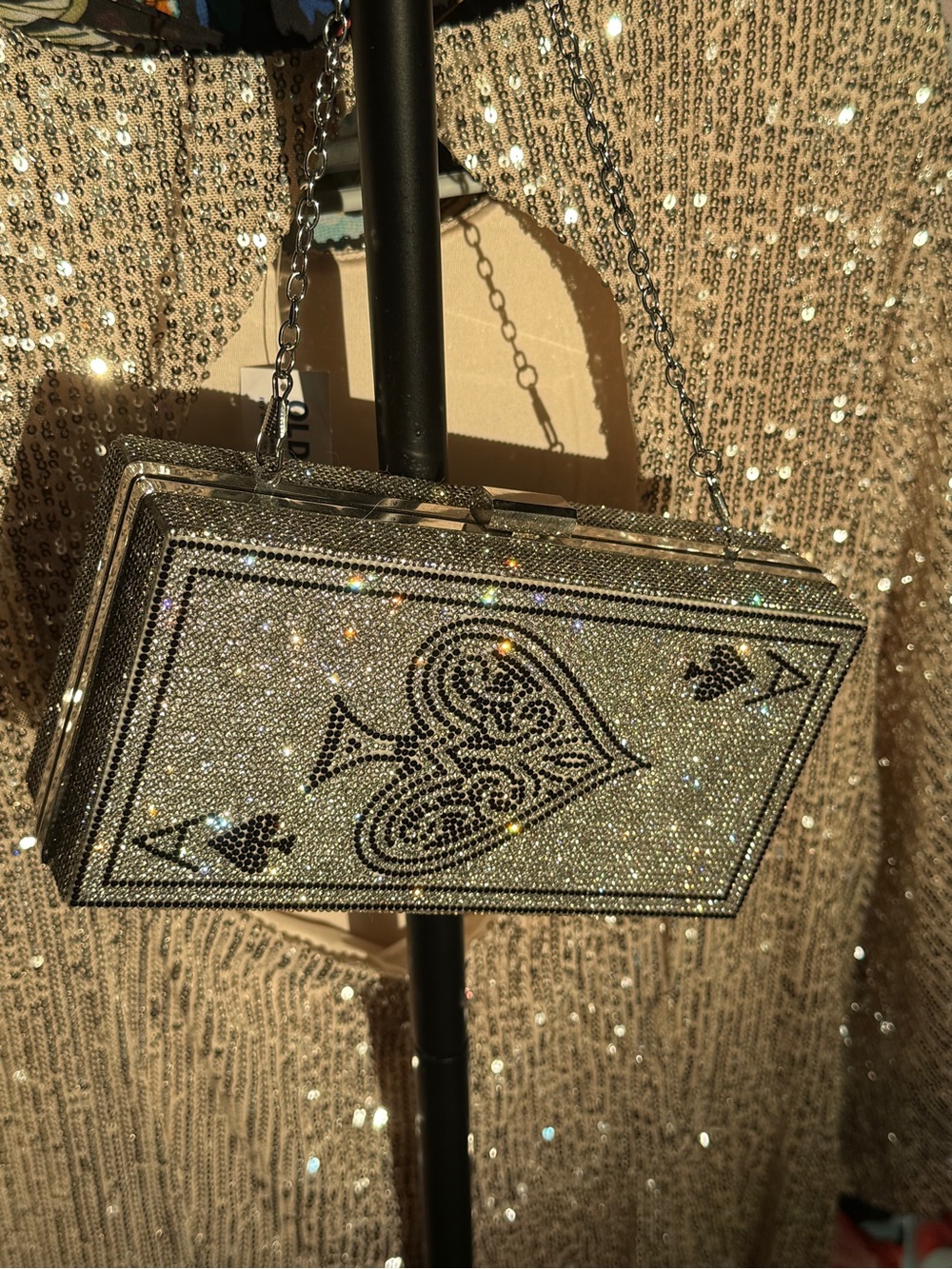 Crystal Embellished Ace of Spades Box Clutch - Silver